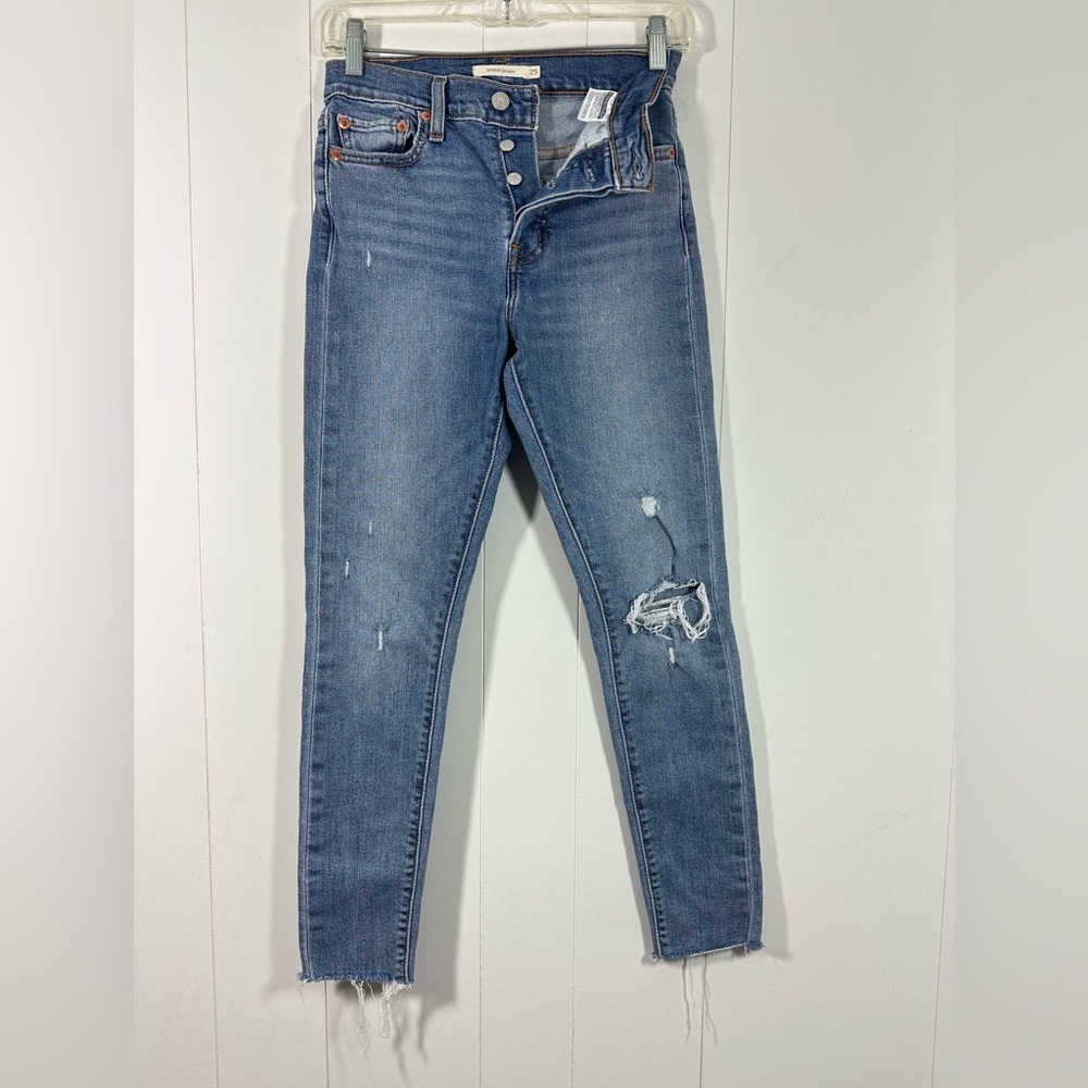 Levis Wedgie Skinny Blue Jeans Sz 25 High Rise Button Fly Raw Hem Distress Pants